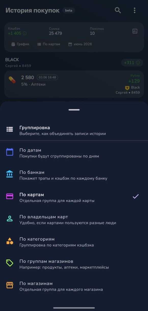 Группировки и фильтры истории покупок