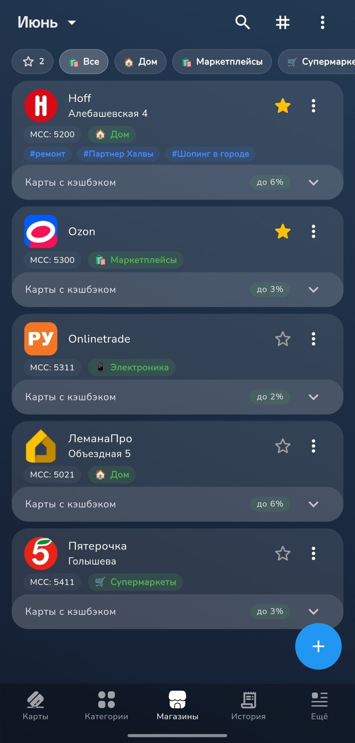 Список магазинов и категорий